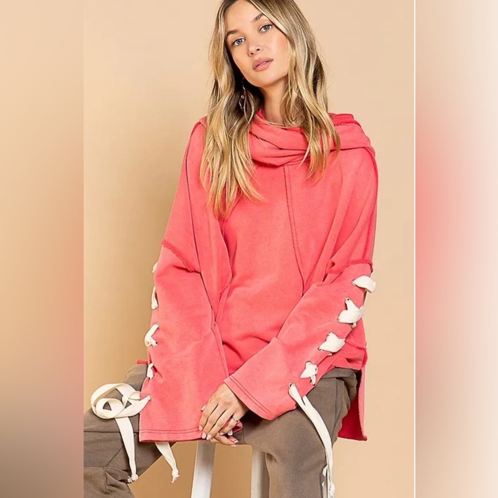 POL Melon Pink Slouchy Hooded Sweatshirt with Laced Bell Sleeves Size 3X
